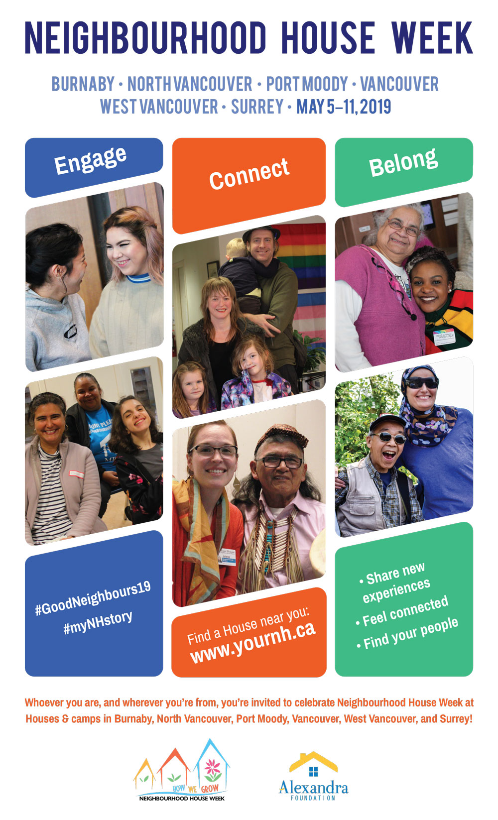 A poster showing images of people from many generations, abilities and cultural backgrounds, smiling and doing activities together.