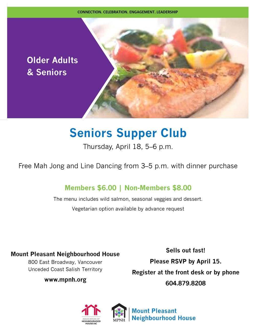 An image of the poster, featuring a photo of a salmon fillet with vegetables. Includes event details.