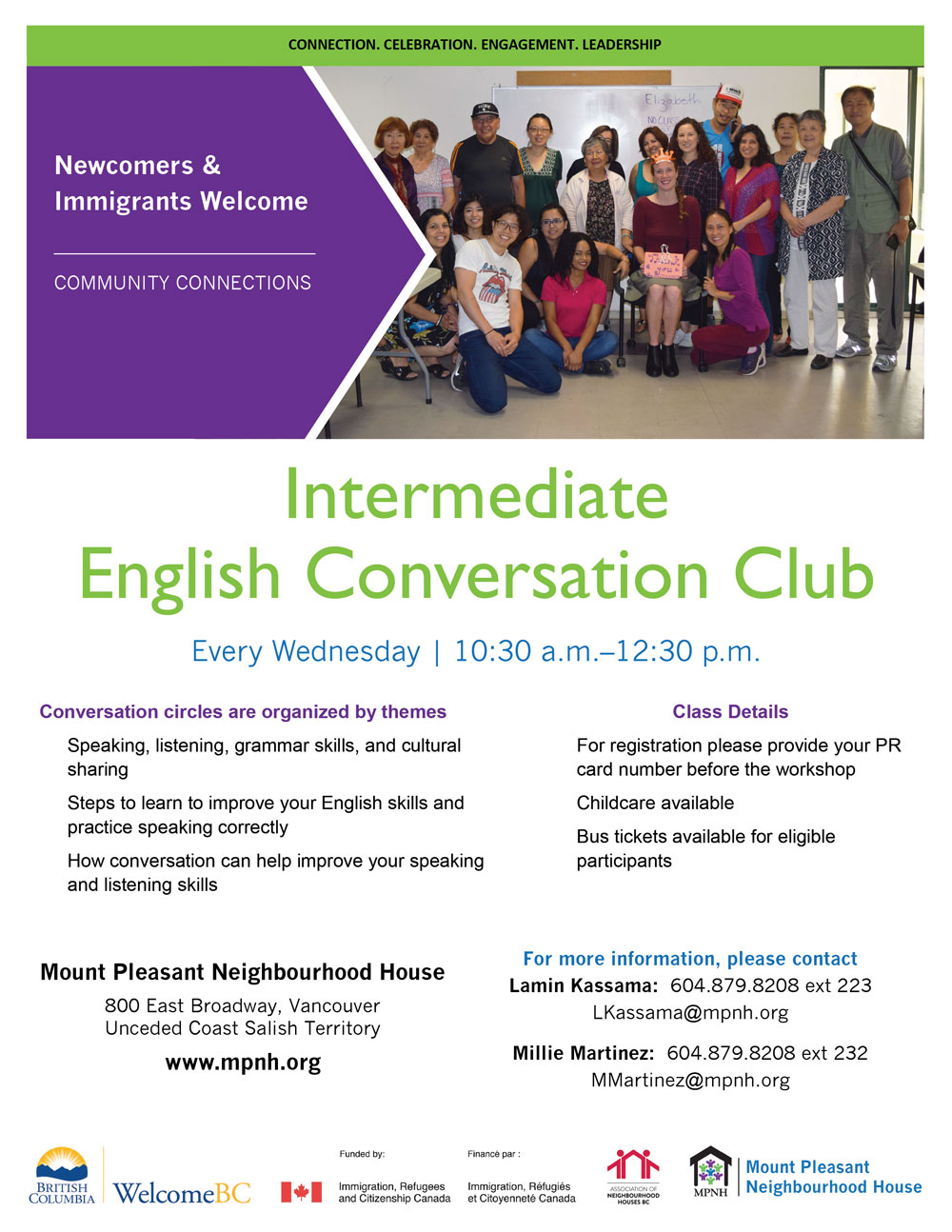 An image of the poster with program details, featuring a photo of a diverse and smiling group of intermediate students with instructors