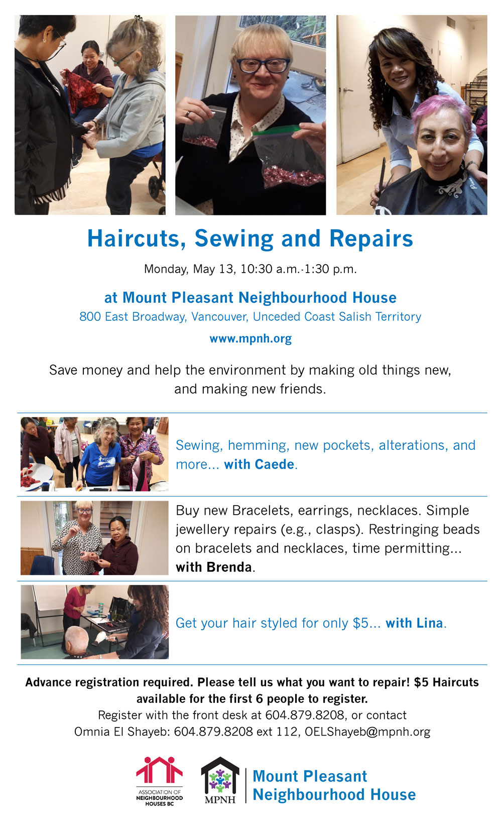 An image of the poster with event details, showing Caede doing sewing repairs, Brenda repairing jewellery, and Lina giving haircuts.