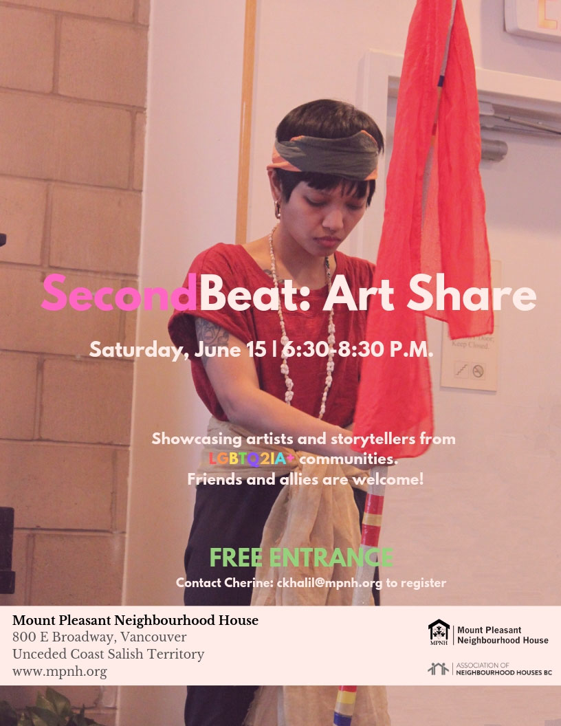An image the poster with event details, featuring a young person holding a read scarf, with eyes closed and facing down.