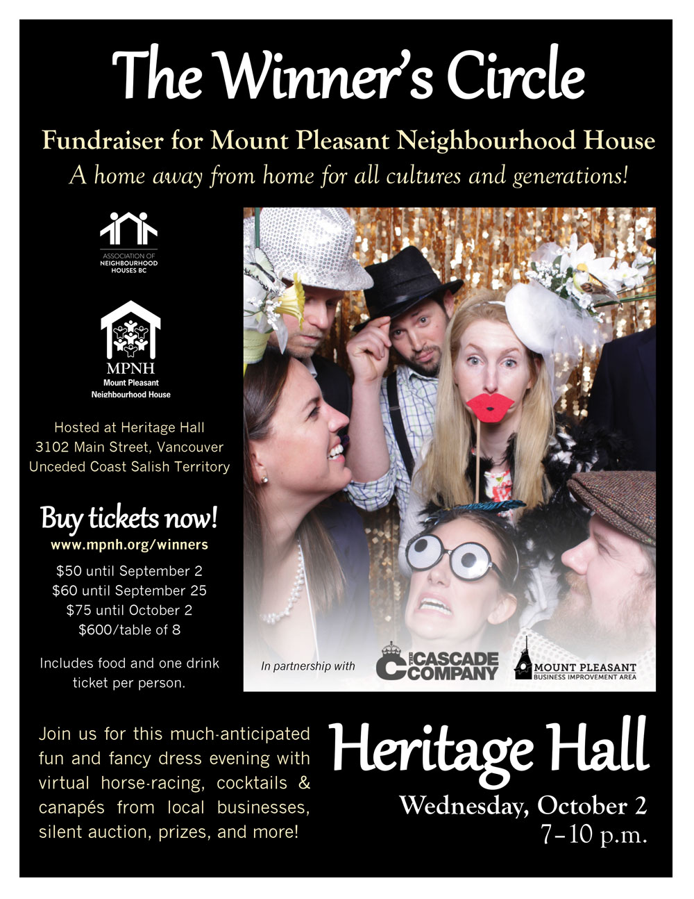 An image of the poster with event details, featuring people in fancy dress and making funny faces with photo booth props, in front of a gold glittery background.