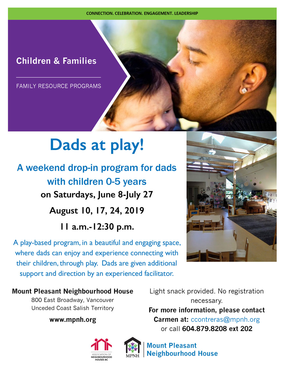 An image of the program poster with event details, featuring a photo of the preschool space and a picture of a dad kissing his baby's head