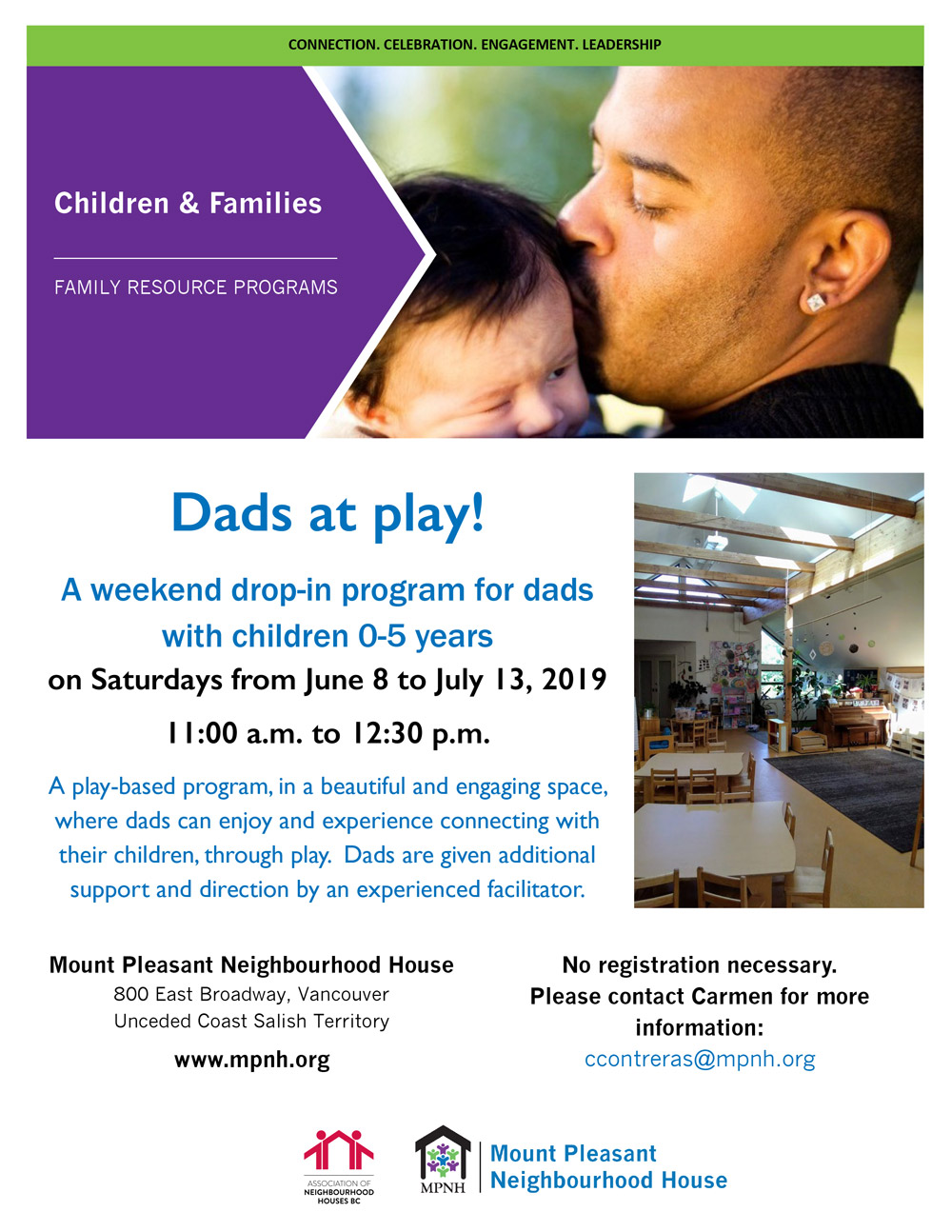 An image of the poster with program details, featuring a photo of a dad kissing his baby's head, and a photo of the preschool gathering space.