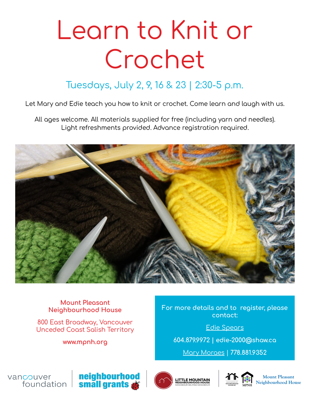 An image of the poster with project details, featuring colourful balls of yarn and knitting and crochet needles.