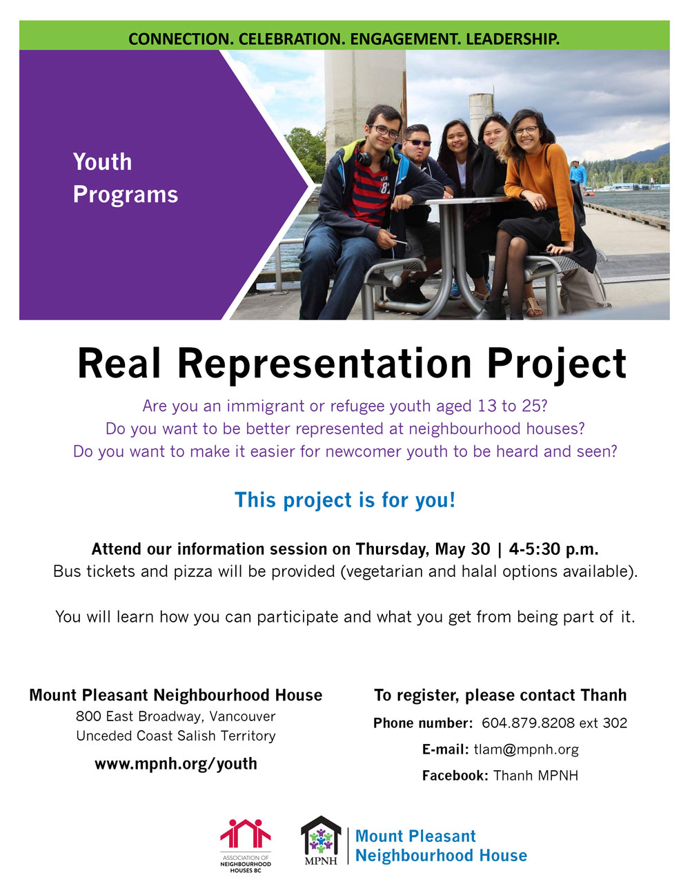 An image of hte poster with event details, along with a photo of culturally diverse youth and leaders at an outdoor picnic table.