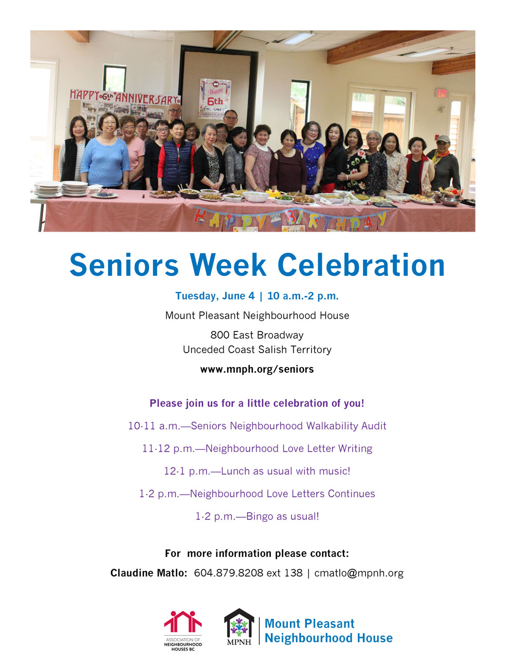 An image of the poster with event details, featuring a photo of more than 20 seniors from different cultural backgrounds celebrating a birthday.