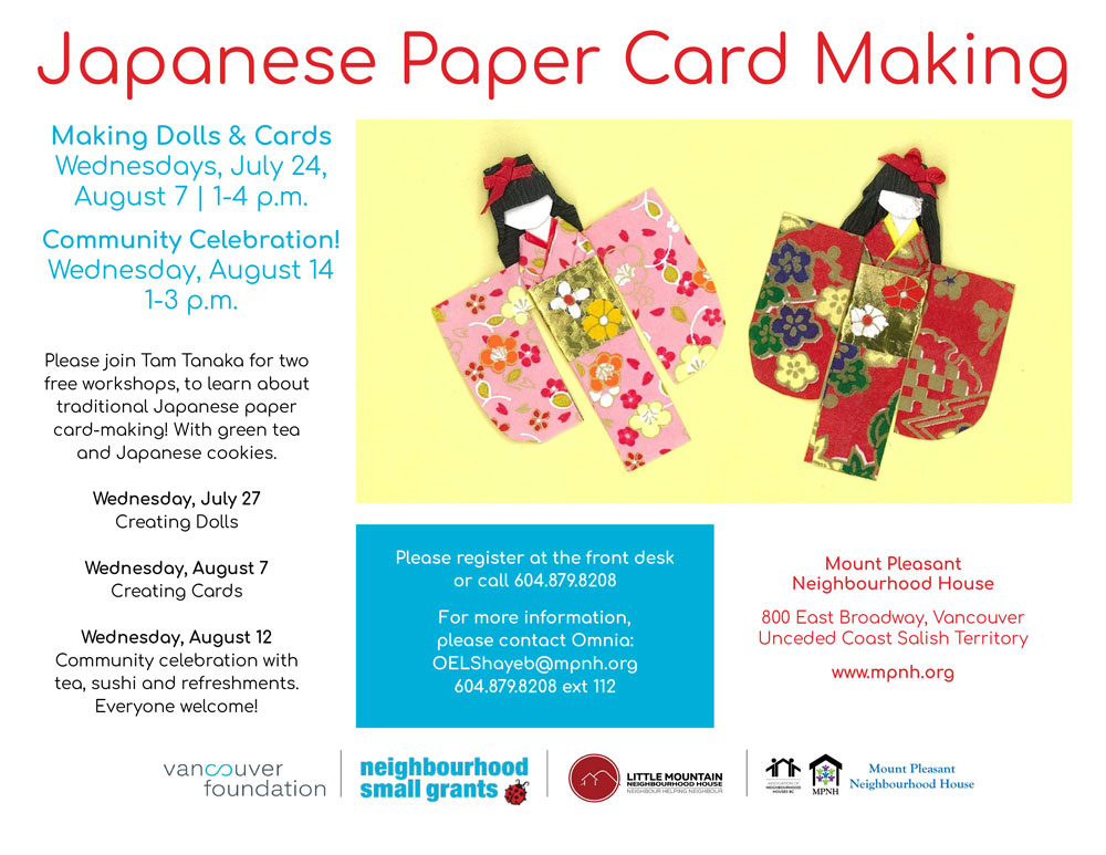 An image of the poster with workshop details, featuring an image of two Japanese paper dolls in red and pink kimonos on a cheerful yellow background.