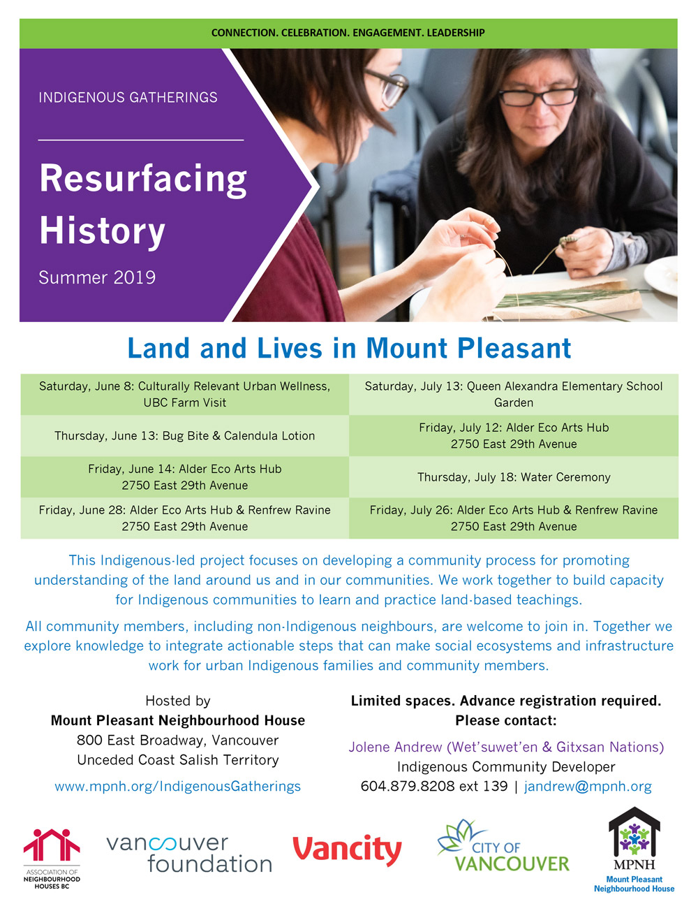 An image of the poster with event details, featuring a photo of two Indigenous people making pine needle baskets.