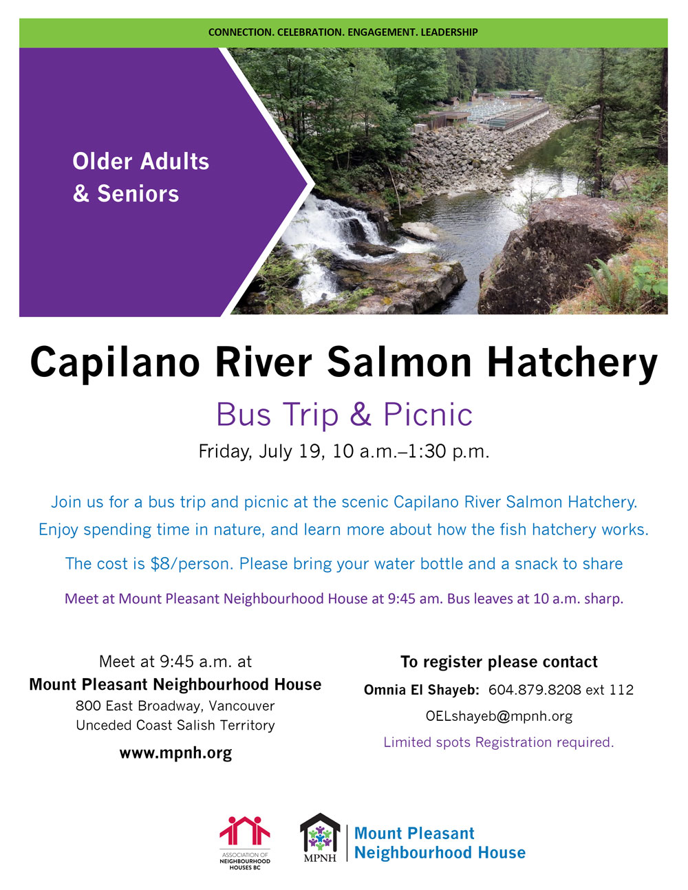 An image of the poster with event details, featuring a photo of trees, rocks and a waterfall into the river, with the hatchery in the background
