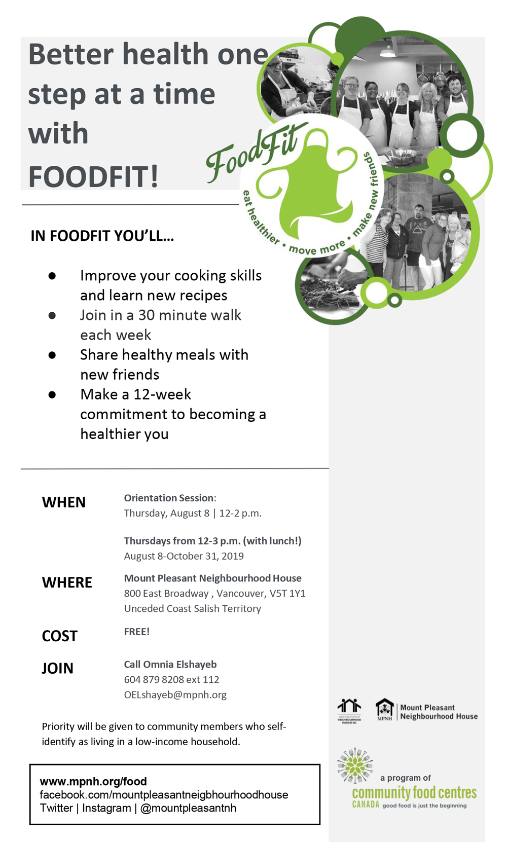 An image of the poster with program details, featuring black and white photos of people walking and cooking together.