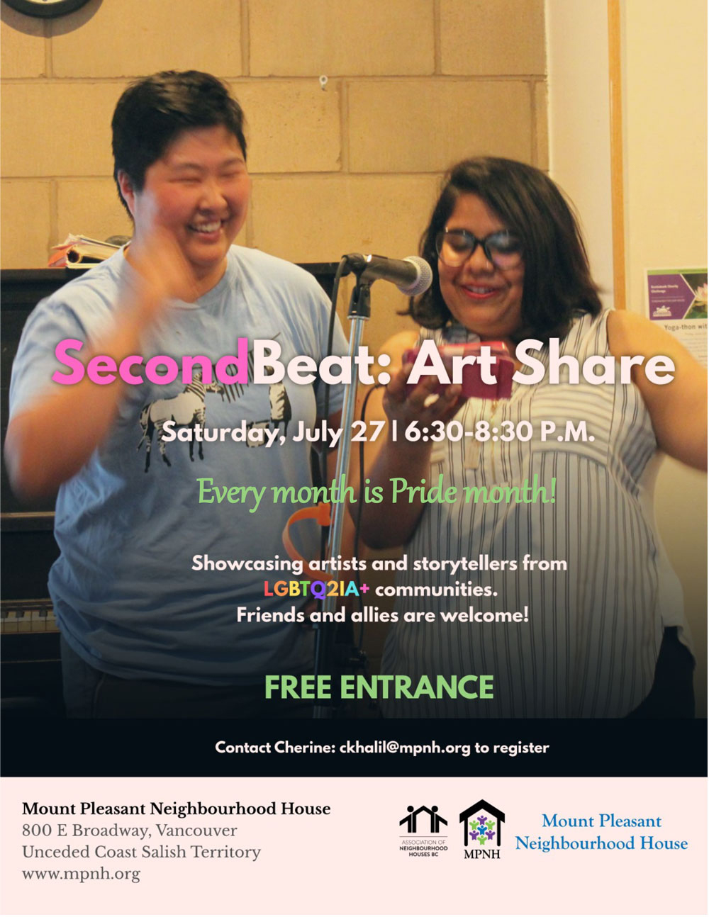 A poster with event details, featuring a photo of two performers smiling at the microphone, in front of the piano at Mount Pleasant Neighbourhood House.
