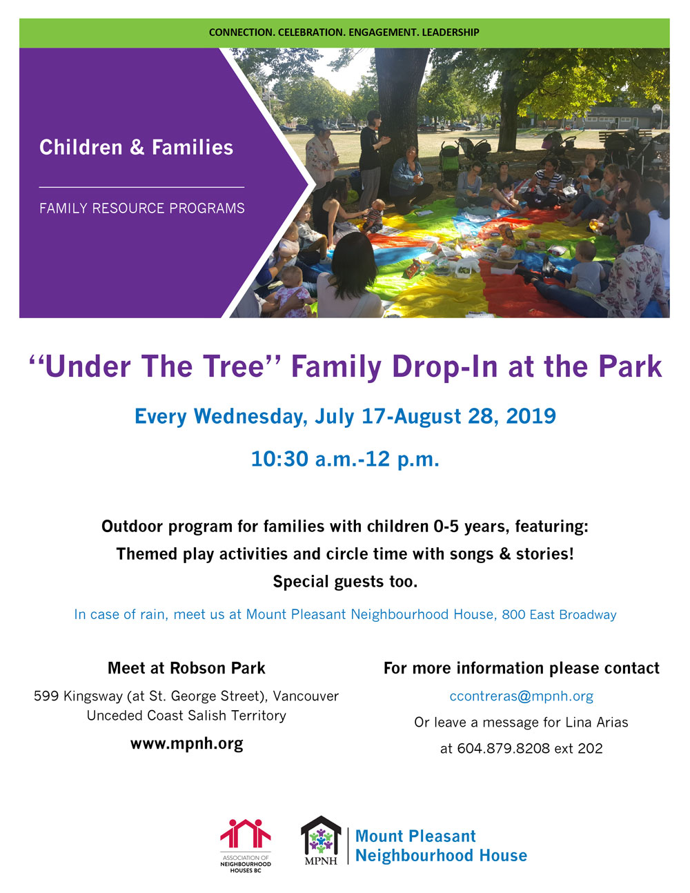 An image of the poster with program details, featuringa large group of parents and kids sitting on a brightly coloured parachute, have a picnic under the tree at Robson Park.