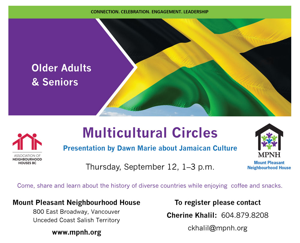 An image of the poster with event details, featuring a photo of a Jamaican flag.