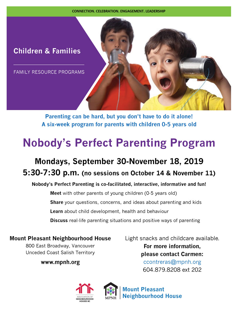 An image of the program poster, featuring a photo of two young children making faces and speaking into a tin cans attached by string.