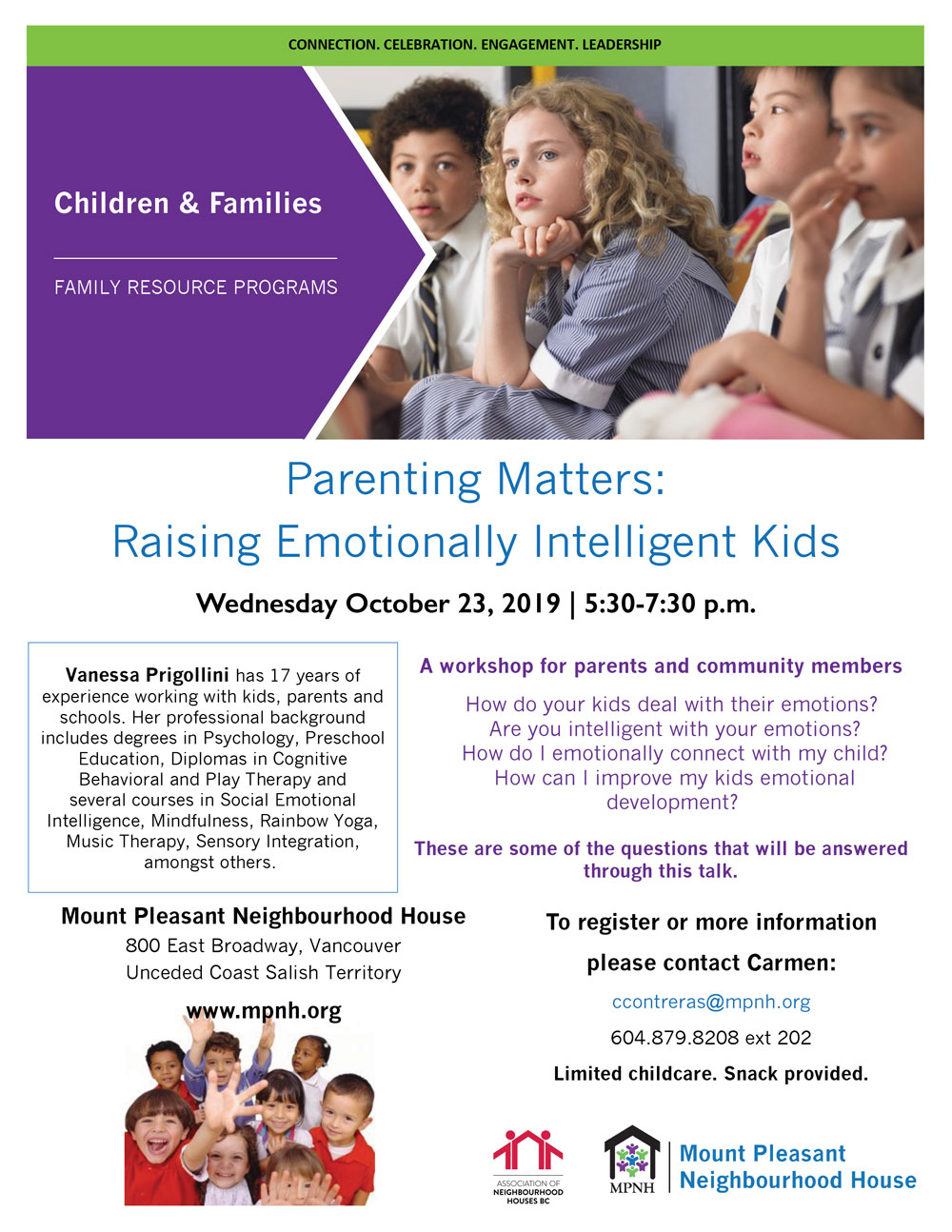 An image of the poster with event details, featuring photos of children learning, listening, and playing together.