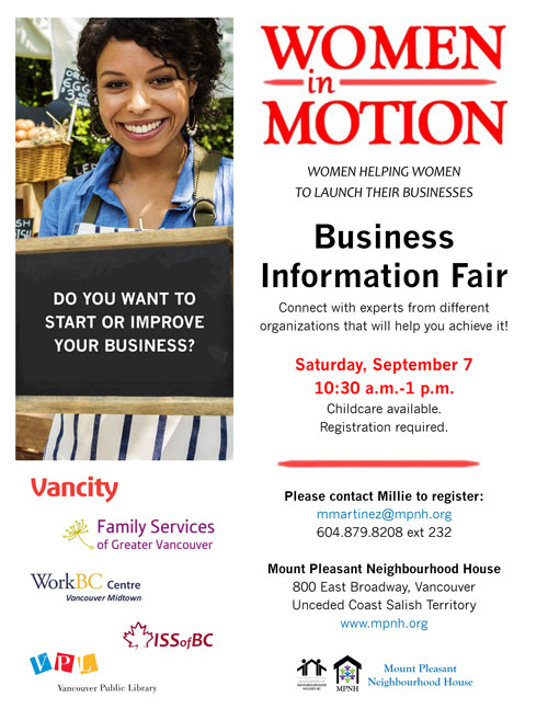 An image of the poster with event details, featuring a person smiling and wearing an apron at a market stall, holding a chalkboard that says, "Do you want to start or improve your business?"