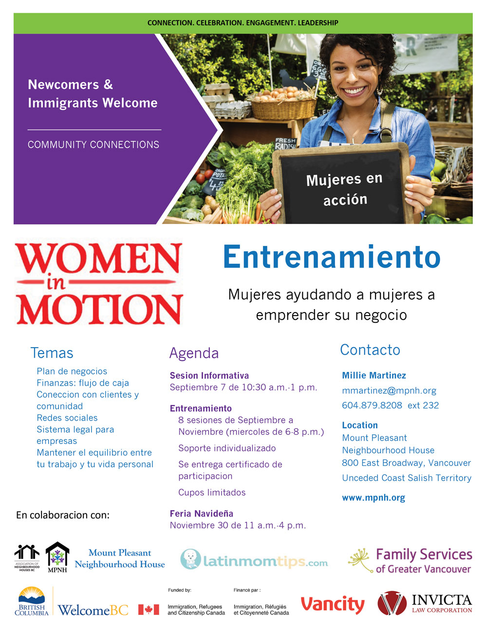 An image of the poster with program details, featuring a woman working at a market stand, holding a chalkboard that says "Mujeres en acción"