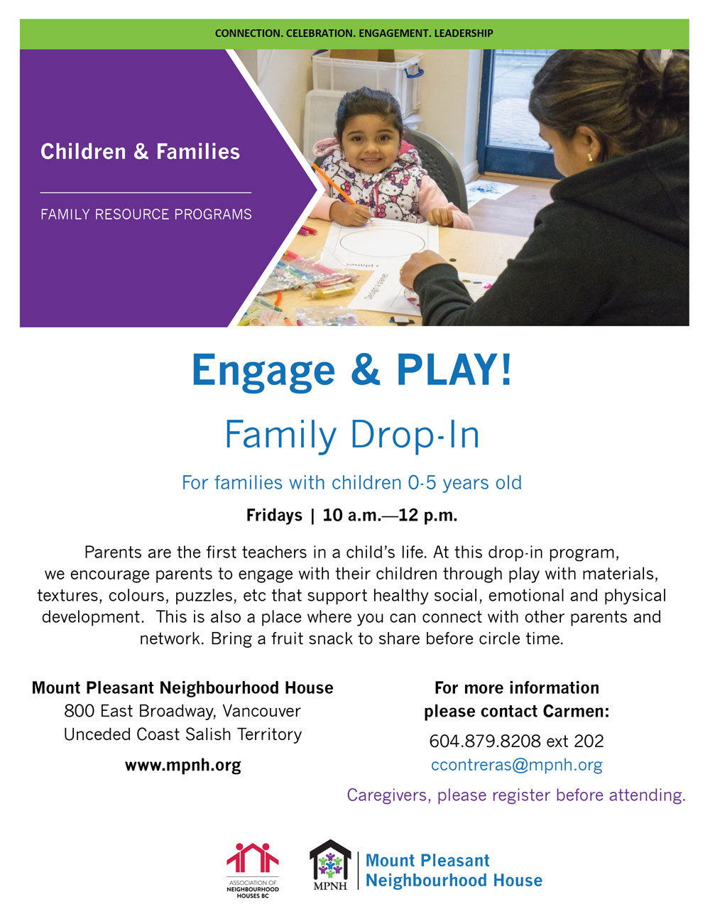An image of the poster with event details, featuring a photo of a caregiver and child doing a craft together.
