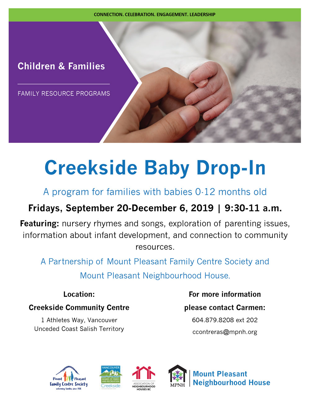 An image of the poster with program details, featuring a photo of an adult holding a baby's hand