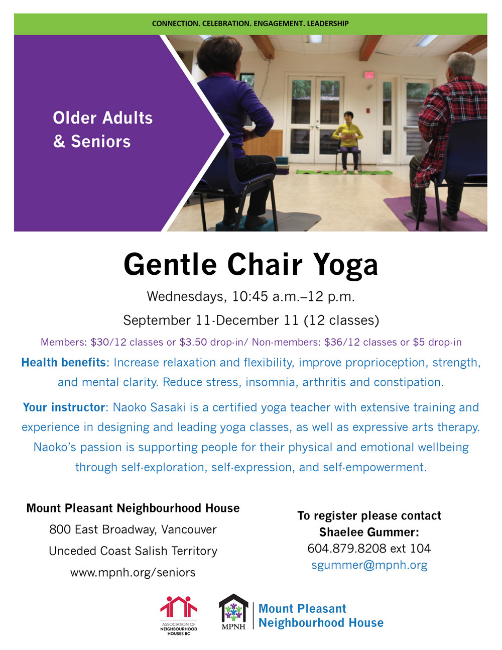 An image of the poster with program details, featuring two seniors and the instructor doing seated yoga exercises