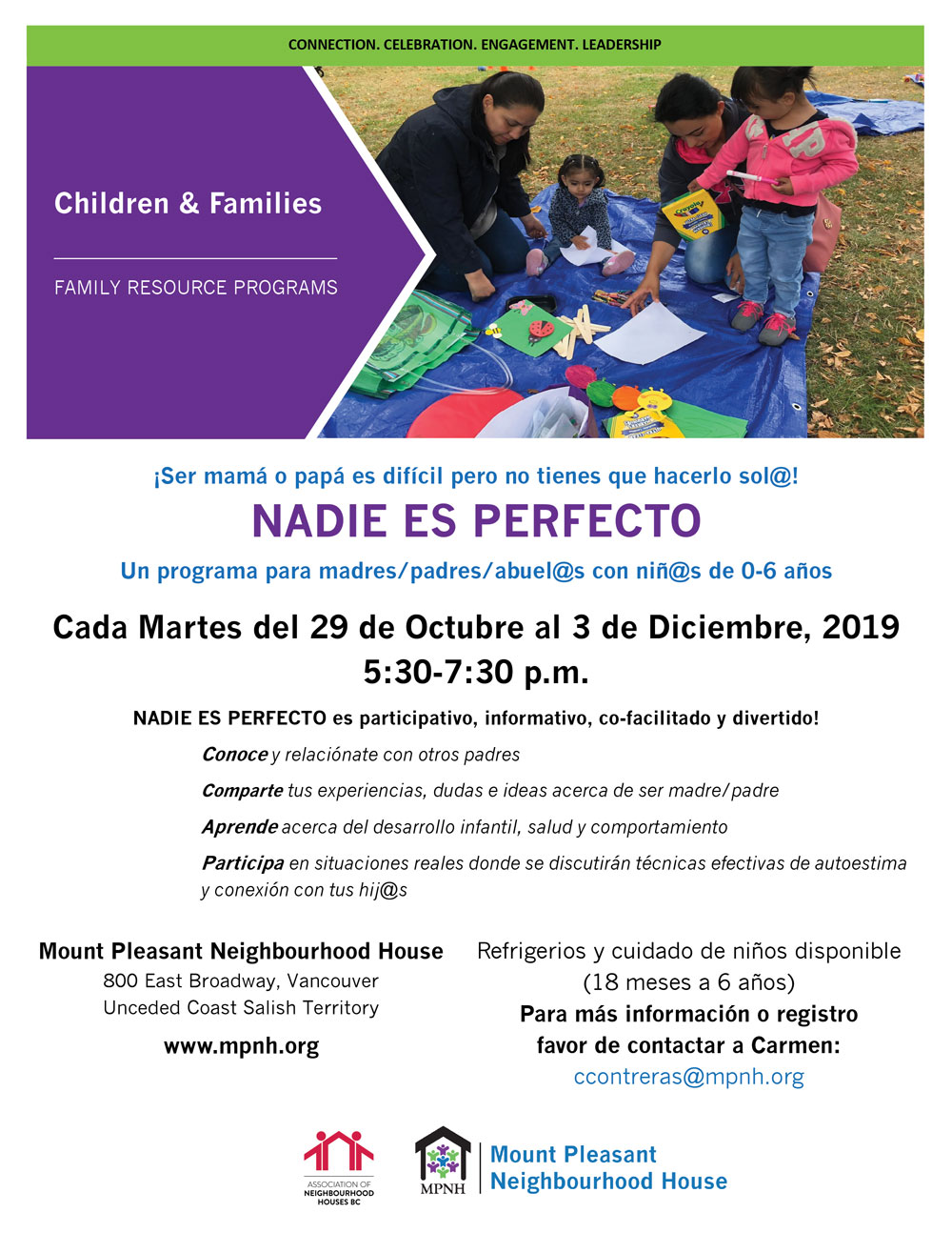 An image of the poster with program details, featuring a photo of two parents and two children doing arts and crafts at the park