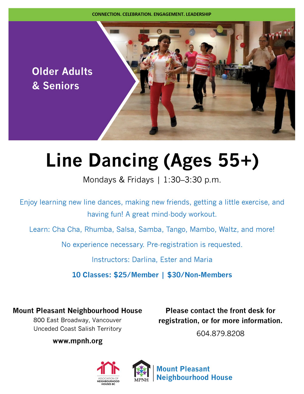 An image of the poster with program details, featuring a photo of seniors line dancing together