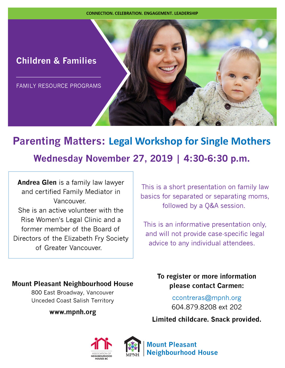 An image of the poster with event details, featuring a photo of a mom with a young child, spending time together outdoors