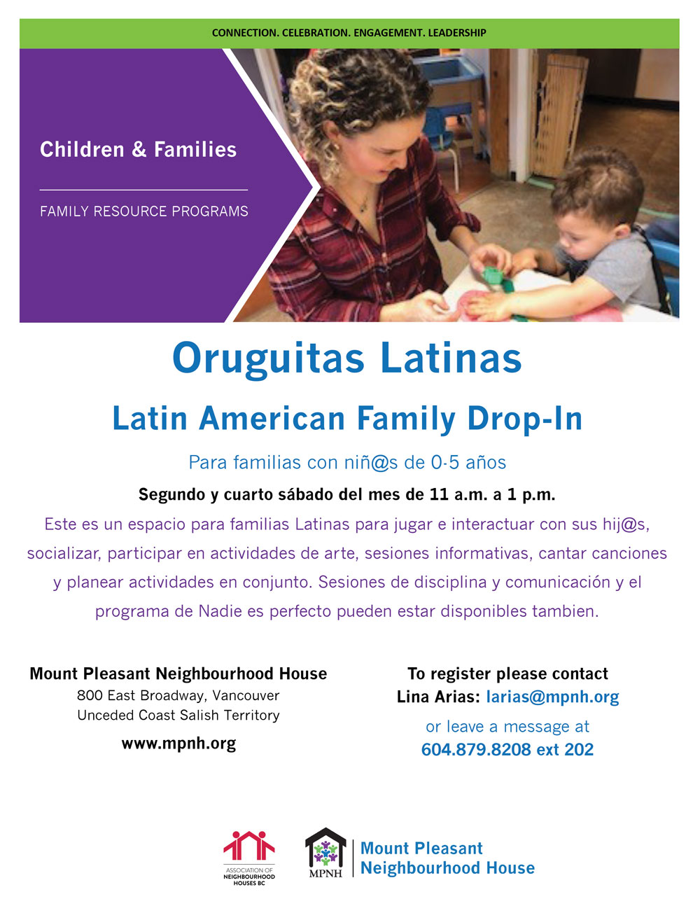 An image of the poster with program details, featuring a photo of a caregiver and child playing together.