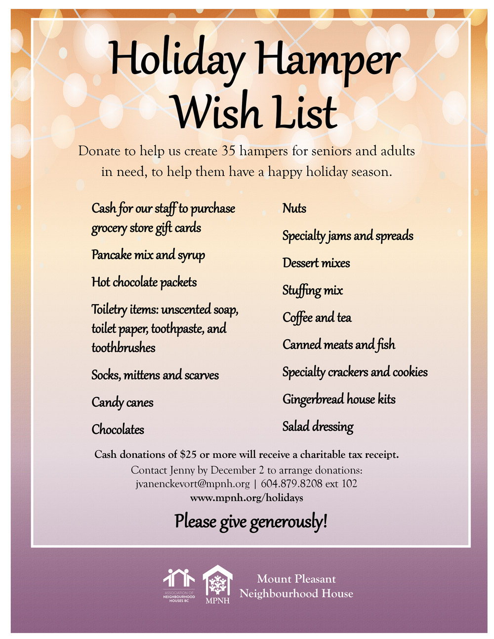 An image of the poster with a list of hamper wish items, featuring a colourful holiday background.