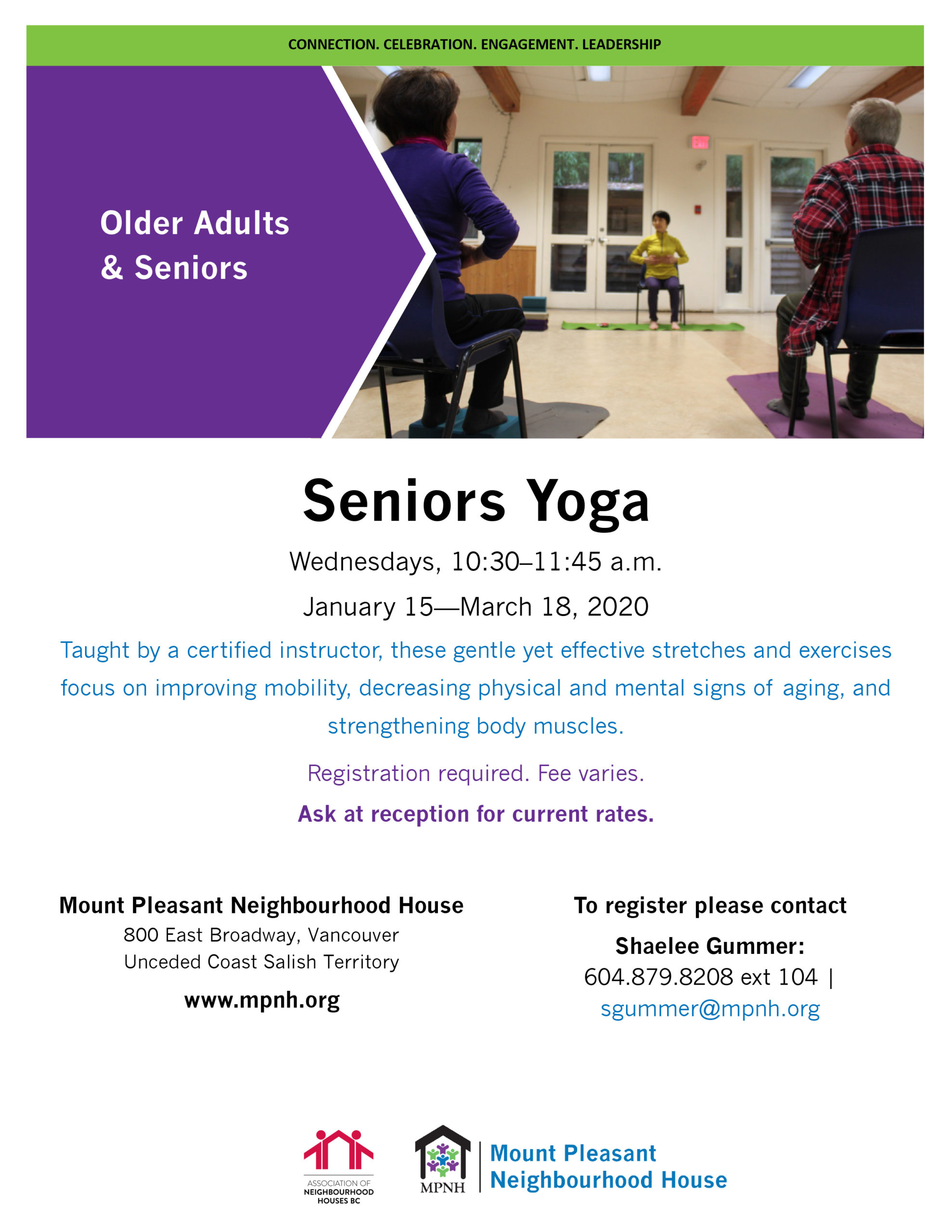 Poster for Seniors Yoga showing participants enjoying seated stretches