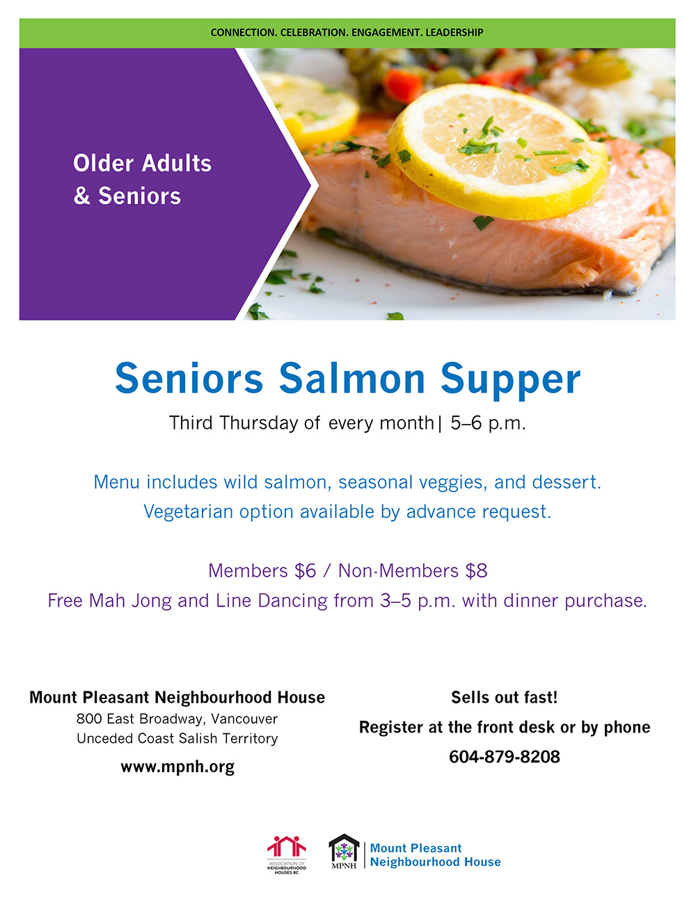 A poster for the Seniors Salmon Supper showing a delicious piece of salmon with some lemon garnish