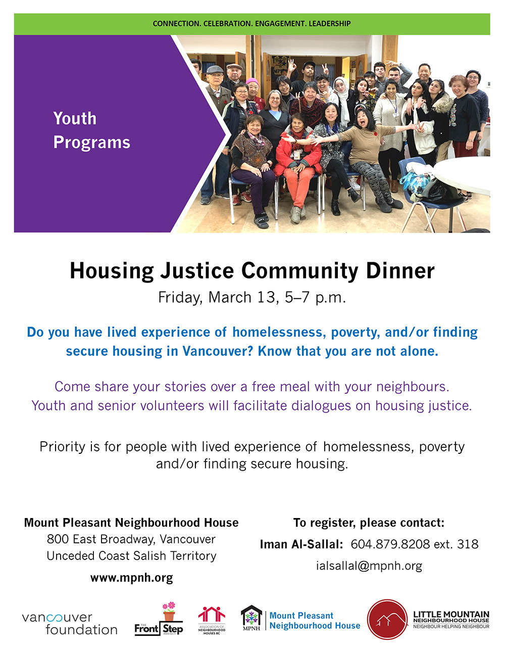 Poster for the Housing Justice Community Dinner showing a large group of people enjoying each other's company