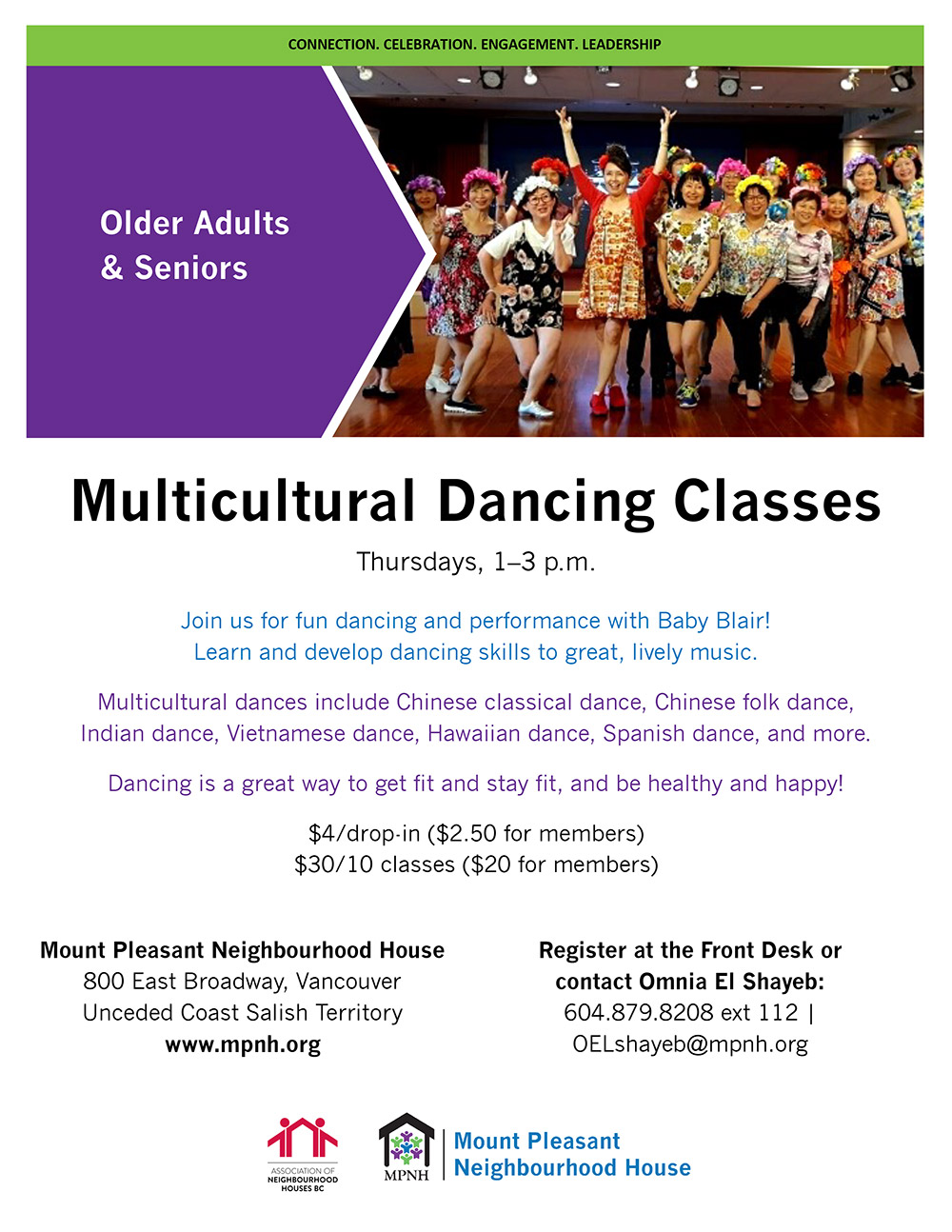 Poster for the multicultural dancing classes showing a group of women dancing and smiling