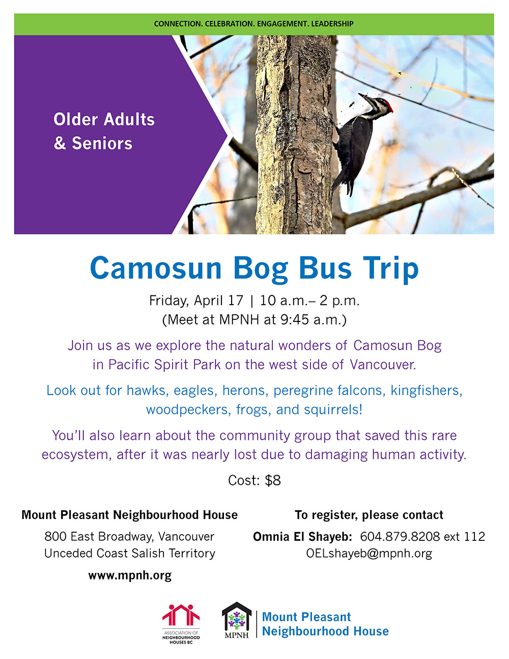 Poster for Camosun Bog bus trip showing a woodpecker in the forest
