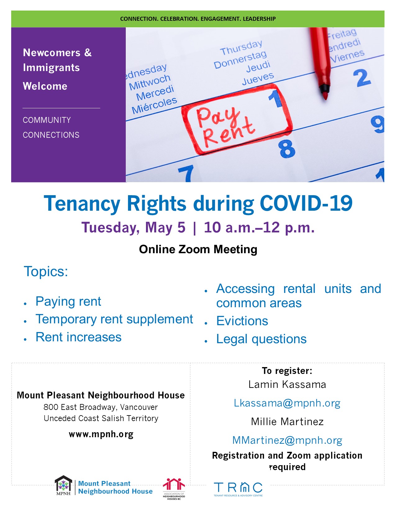 Poster for Tenancy Rights workshop showing calendar reminder to pay rent