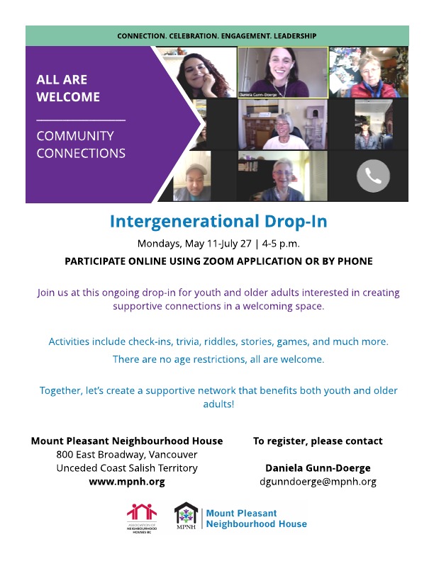 Poster for intergenerational drop-in showing happy faces on Zoom